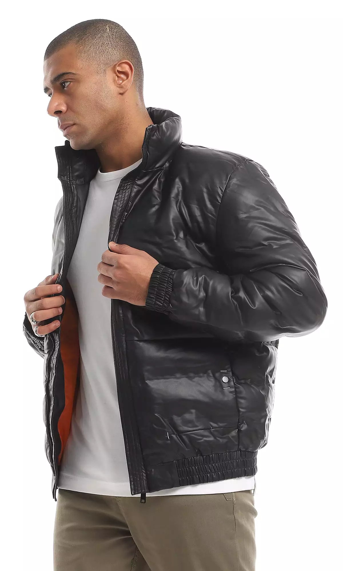 95836 Snap Buttoned Side Pocket Black Leather Bomber Jacket