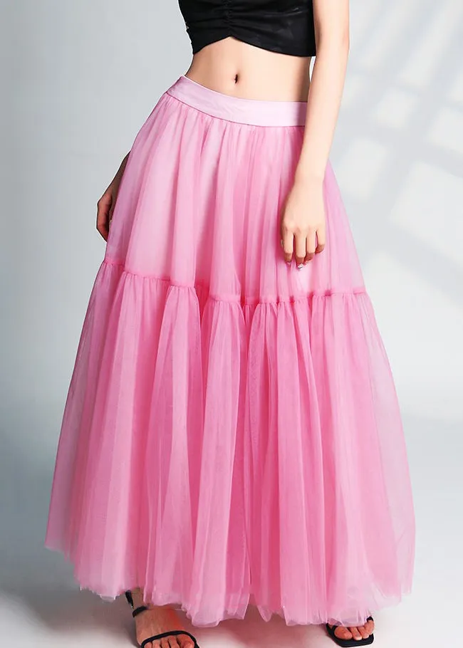 Beautiful Pink Wrinkled High Waist Tulle Skirts Summer AB1049