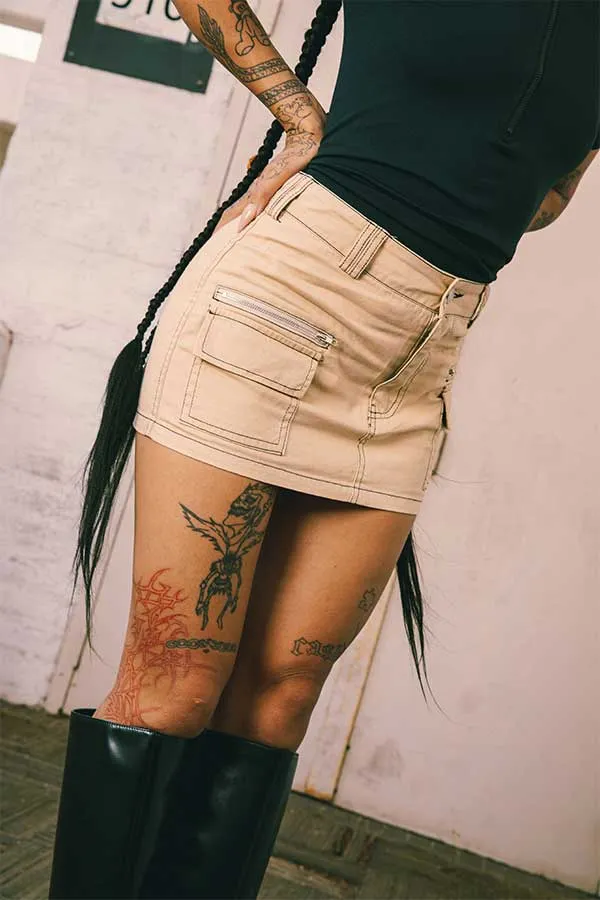 Beige Low Waist Cargo Mini Skirt