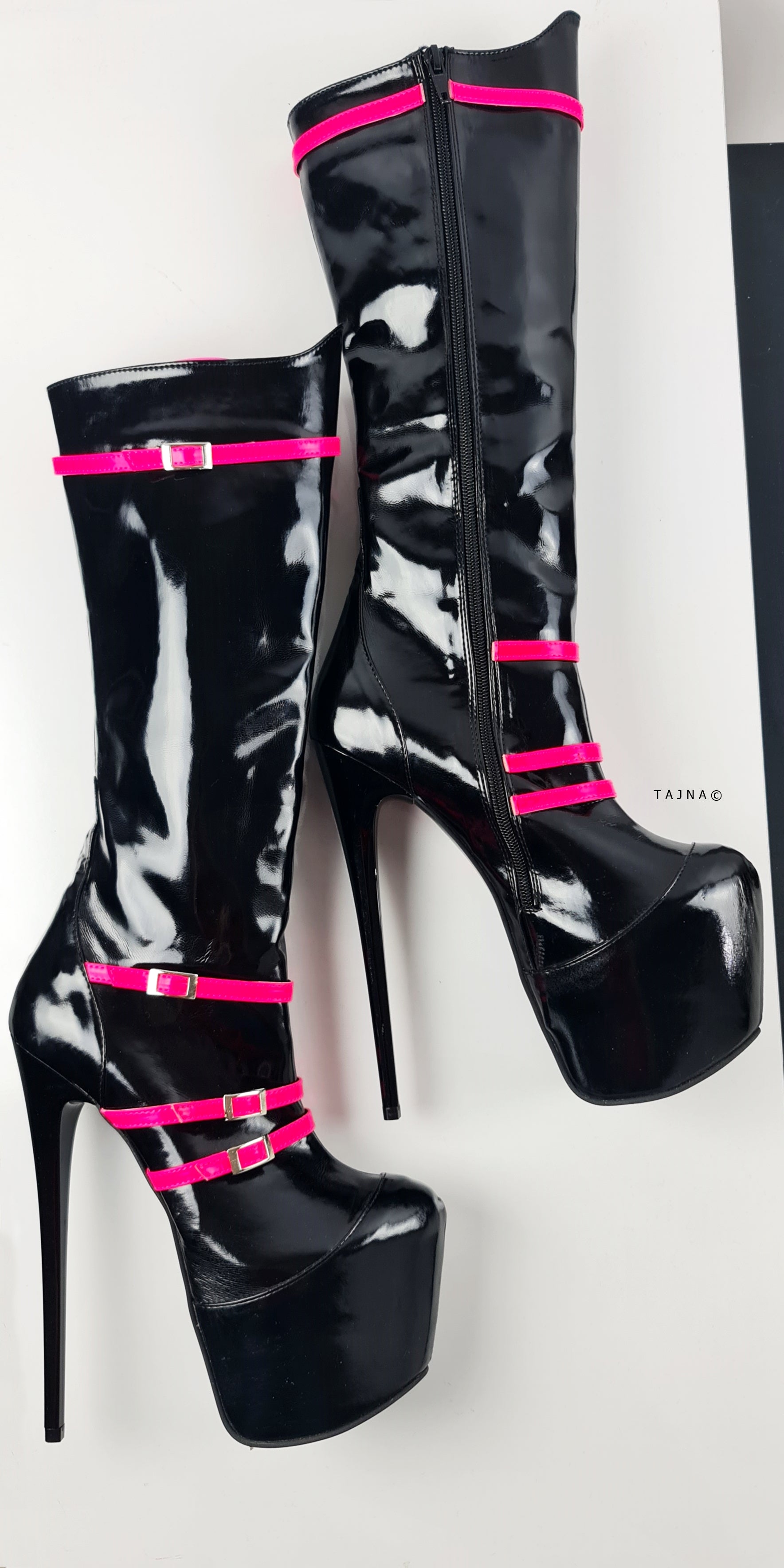 Black Gloss Hot Pink Detail Mid Calf Boots