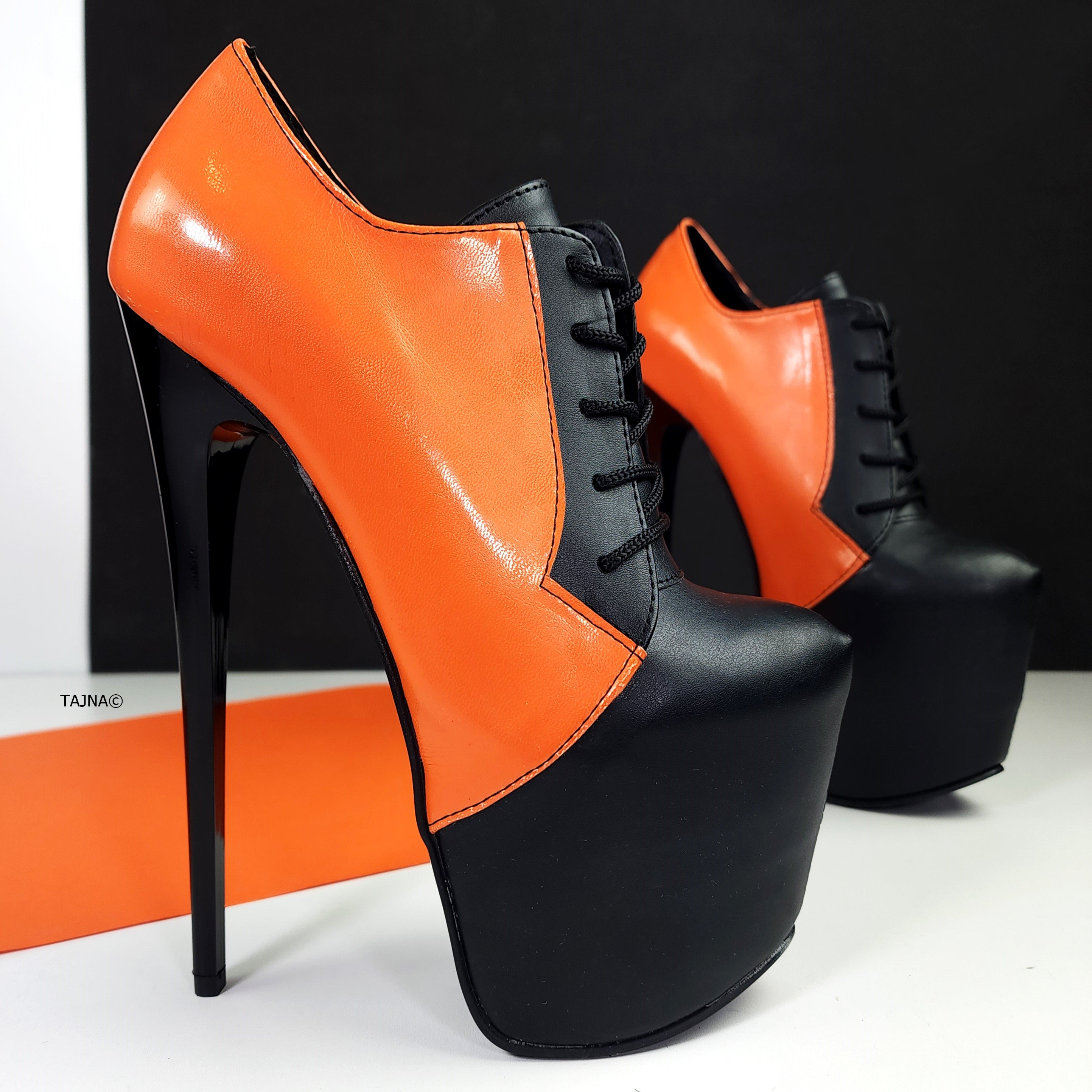 Black Orange Halloween Lace Up Booties - Oxford