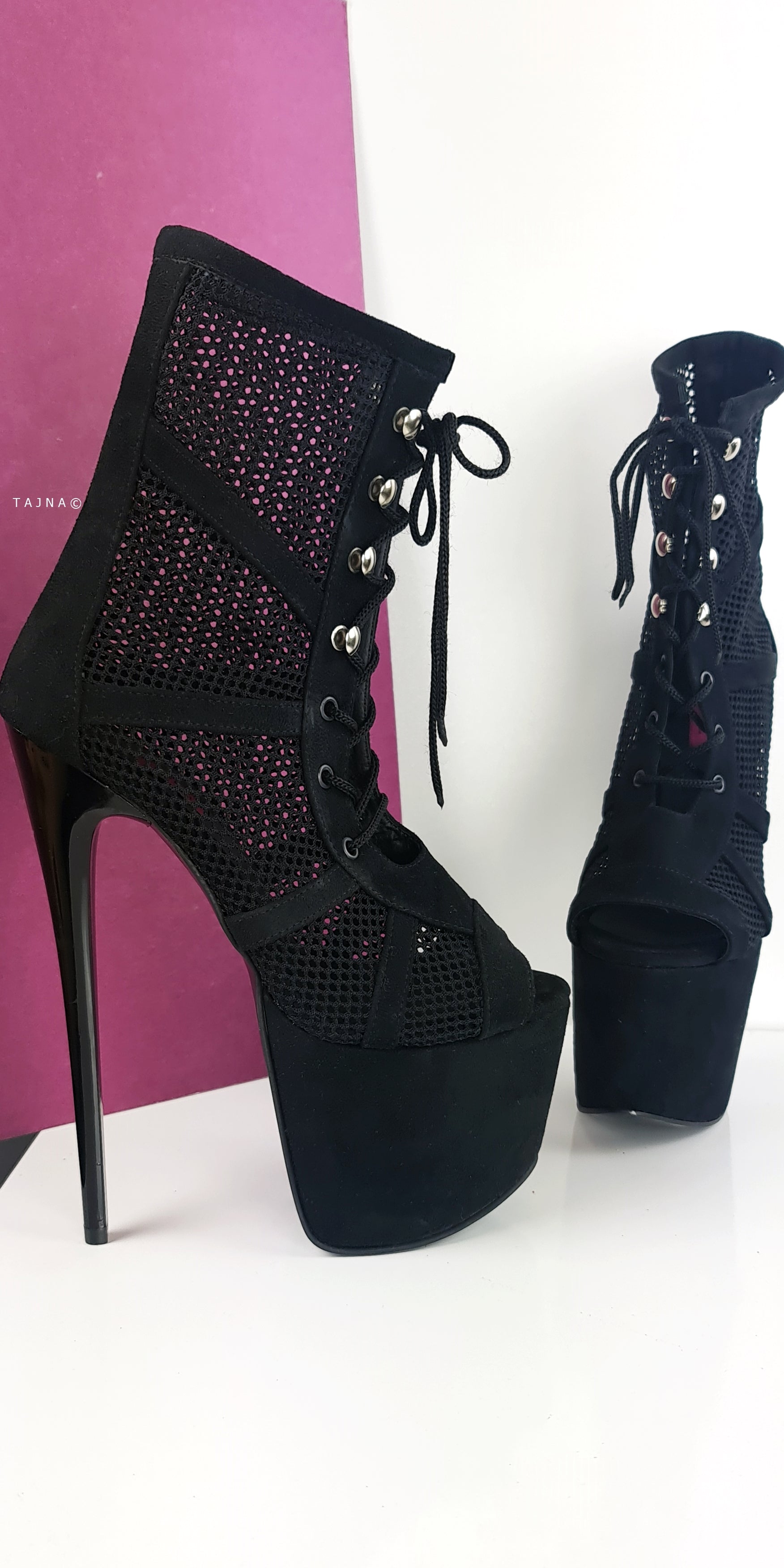 Black Suede Fishnet Lace Up Ankle Boots