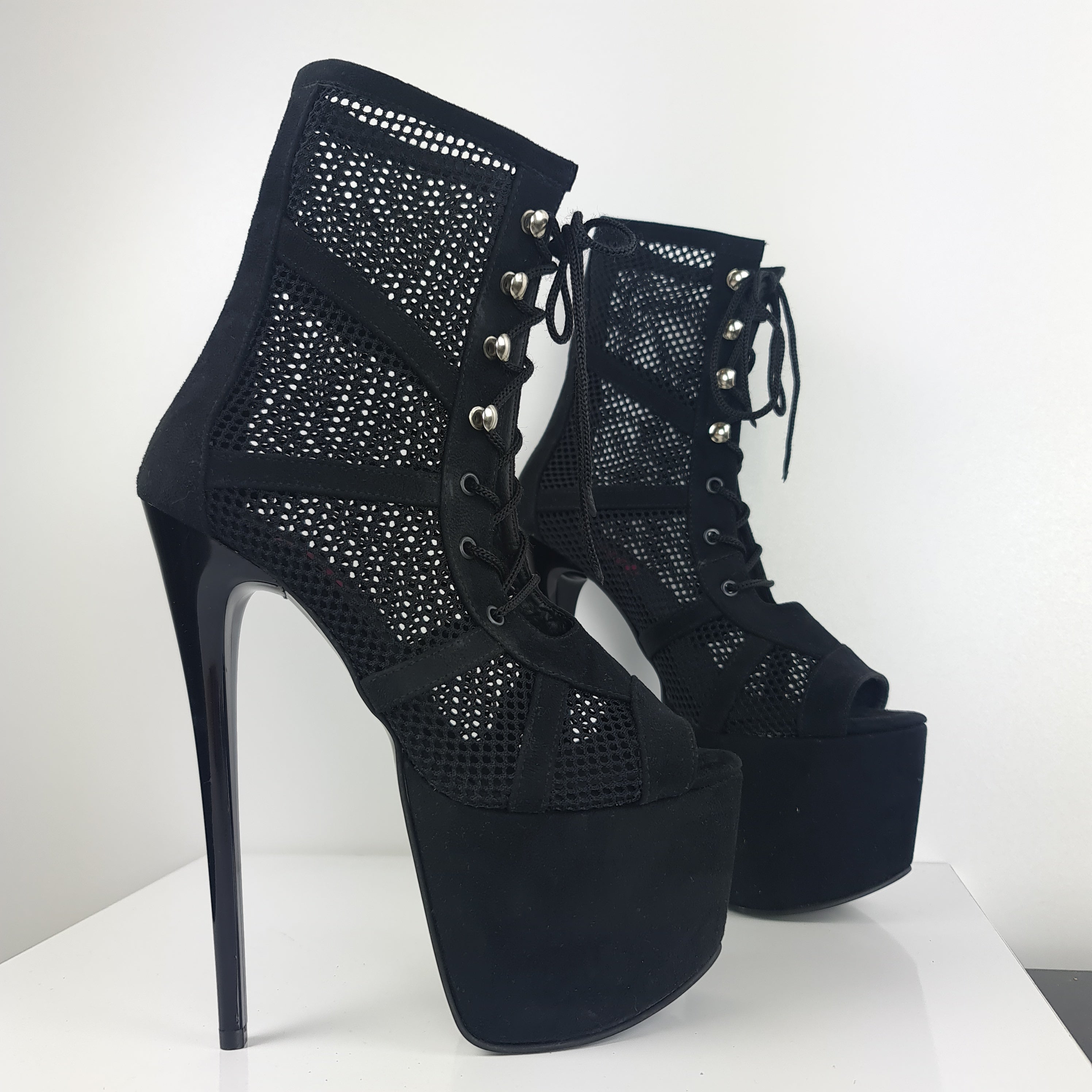 Black Suede Fishnet Lace Up Ankle Boots