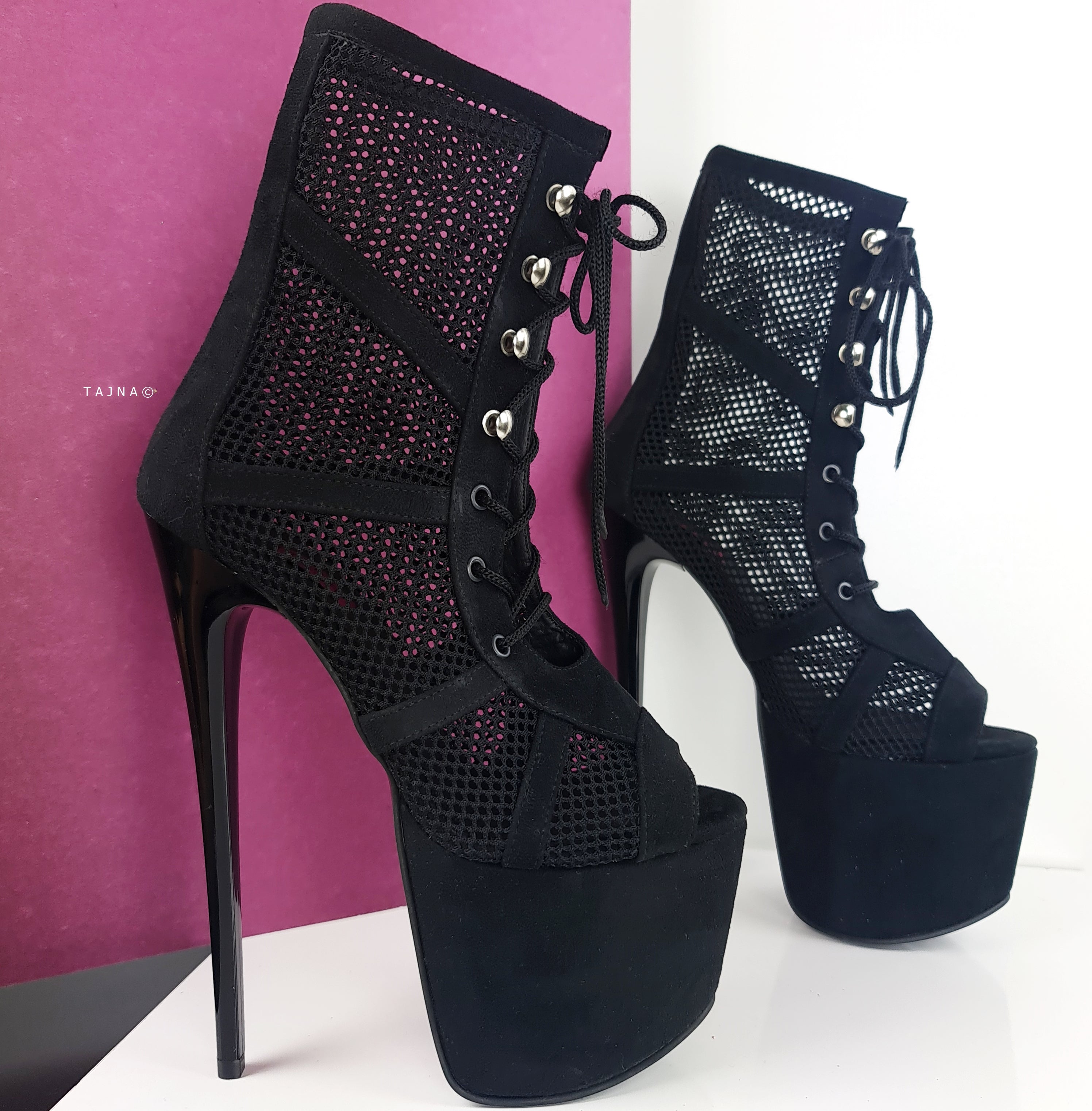 Black Suede Fishnet Lace Up Ankle Boots