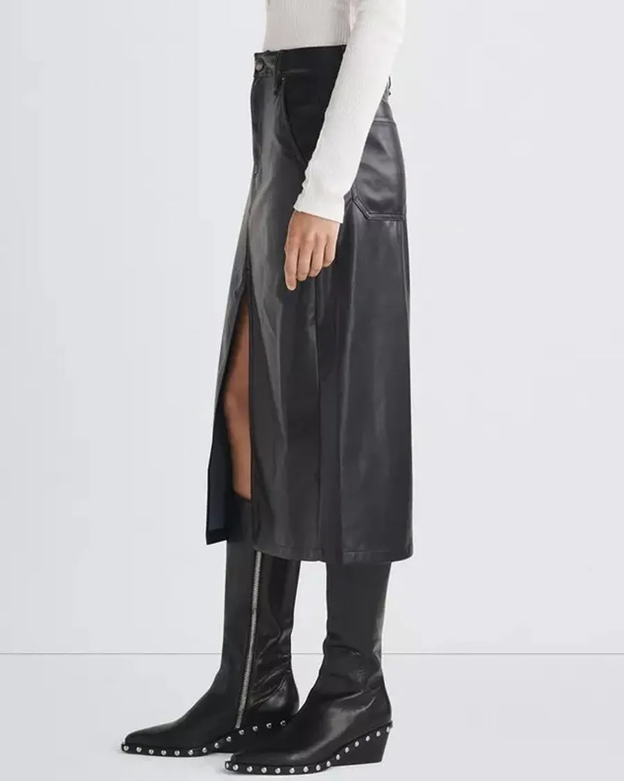 Black Vegan Leather Sid Midi Skirt