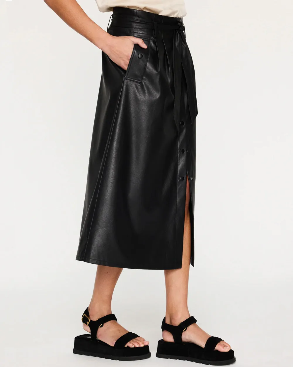 Black Vegan Leather Teagan Belted Skirt