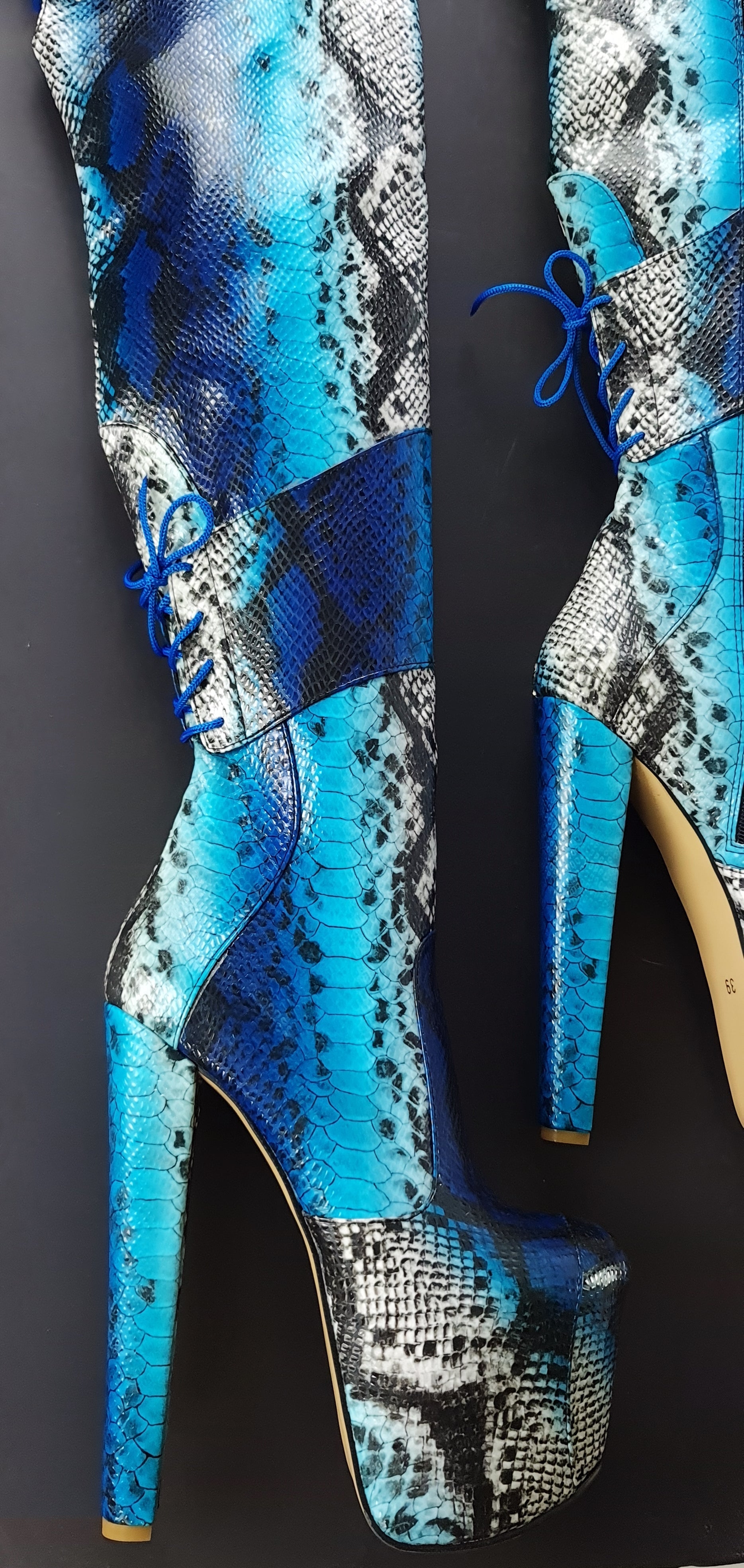 Blue Snake Print Chunky High Heel Thigh Boots