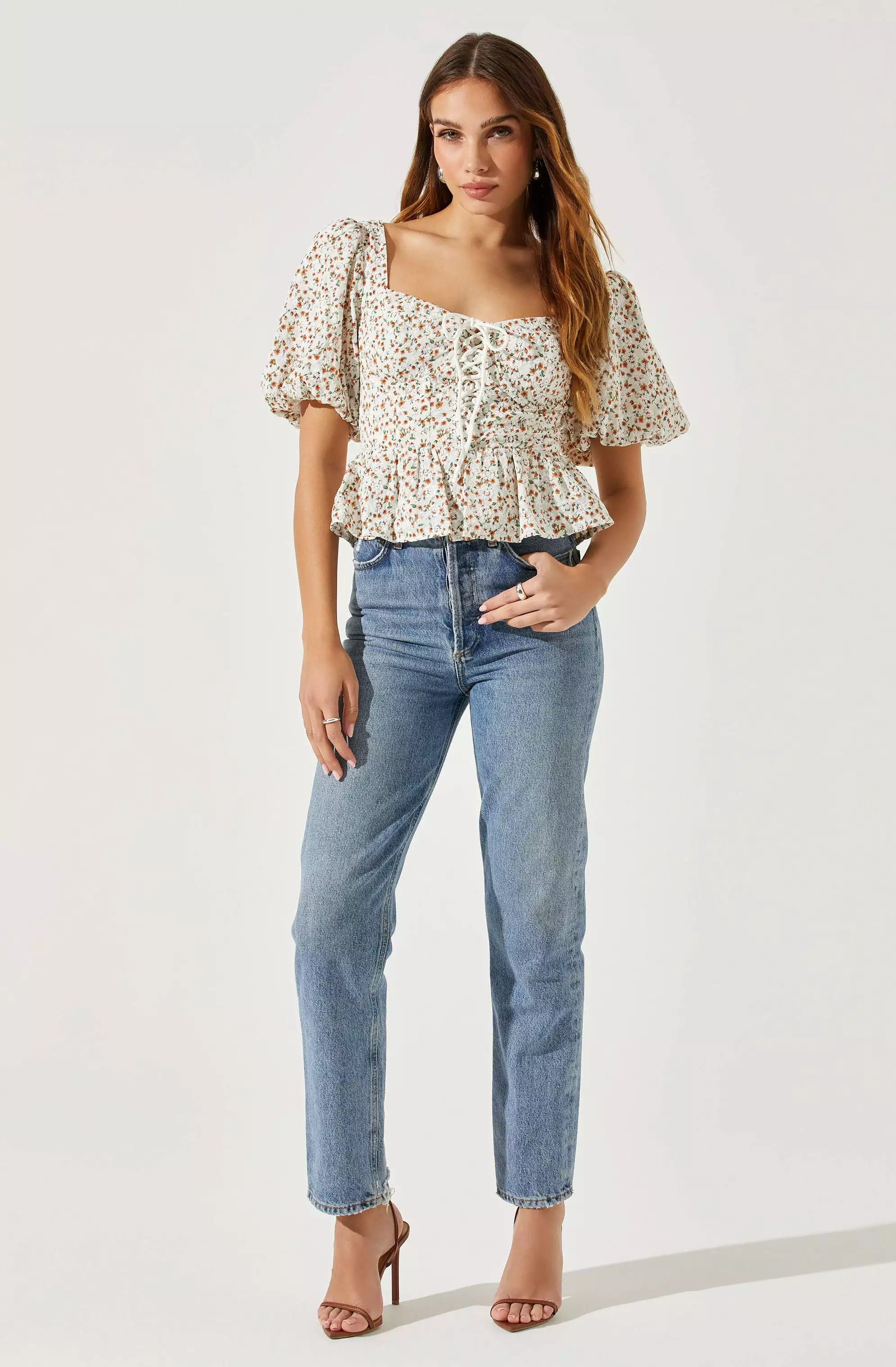 Bubble Sleeve Front Tie Floral Top