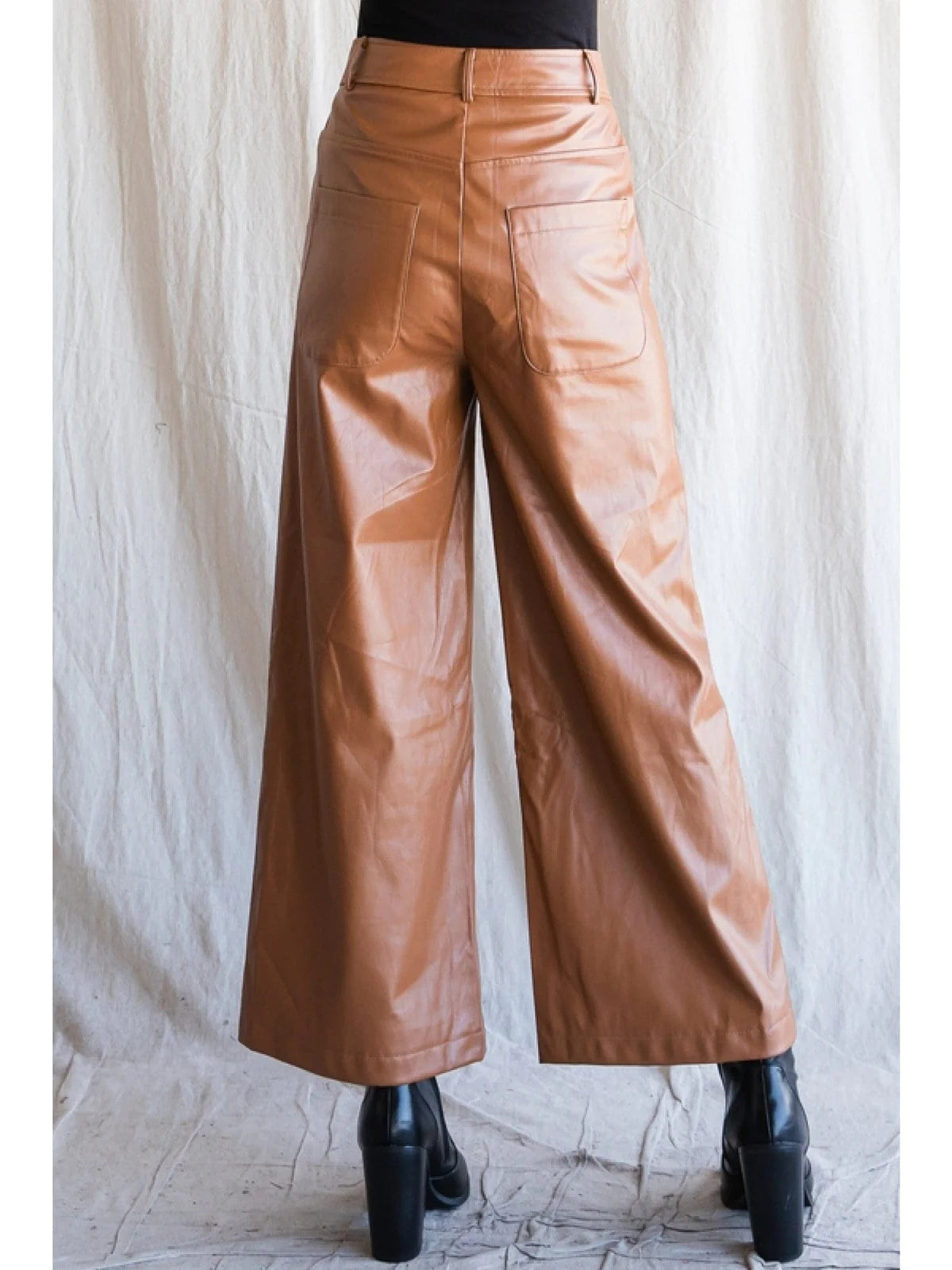 Camel Pleather Wide Leg Pants