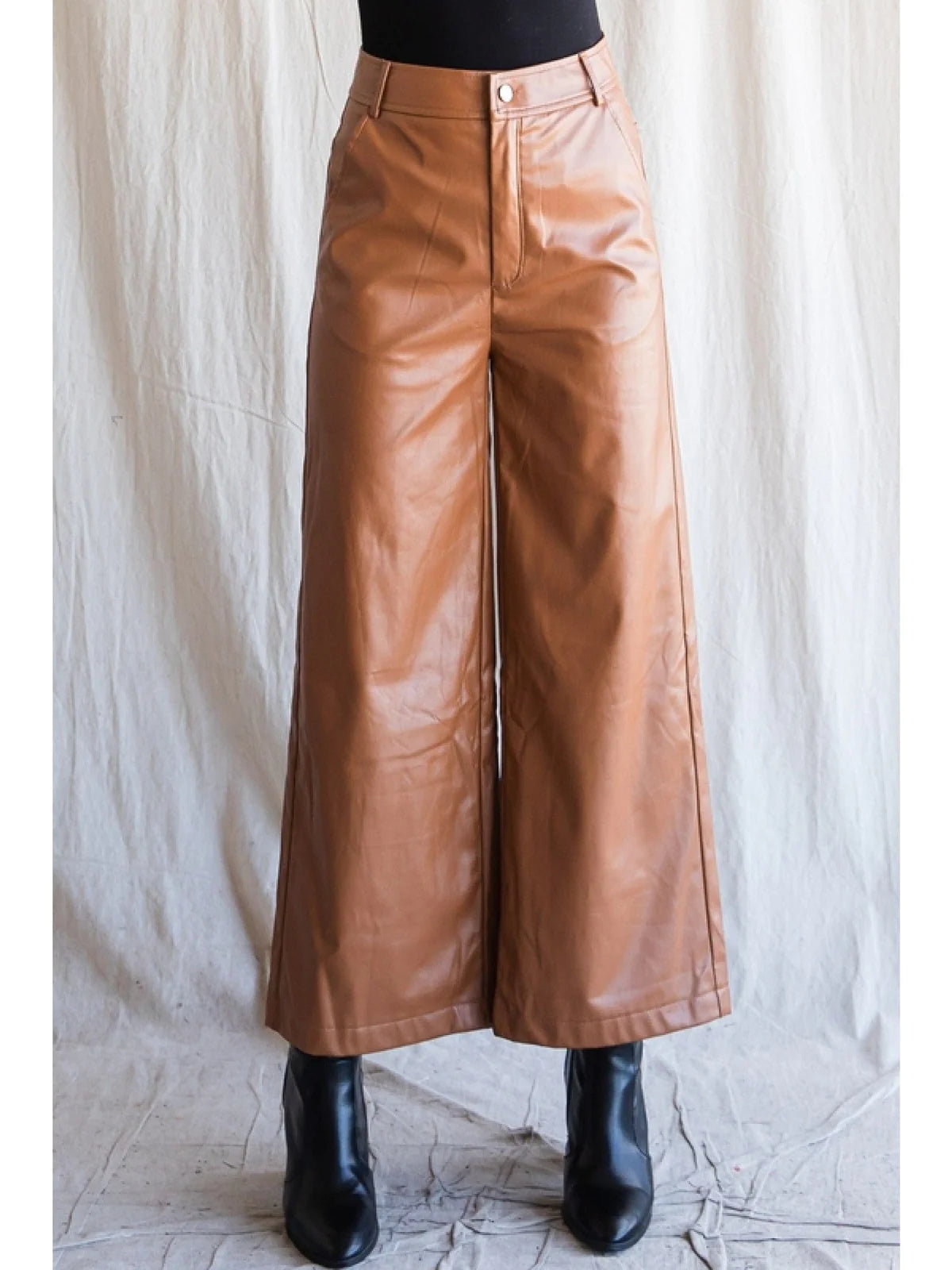 Camel Pleather Wide Leg Pants