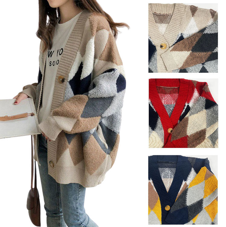 Casual V-neck Argyle Cardigans Womens Girls Korean England K-pop Style Winter Cozy Warm Loose fit Sweaters Tops Knit