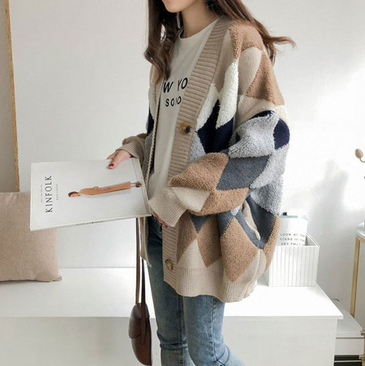 Casual V-neck Argyle Cardigans Womens Girls Korean England K-pop Style Winter Cozy Warm Loose fit Sweaters Tops Knit