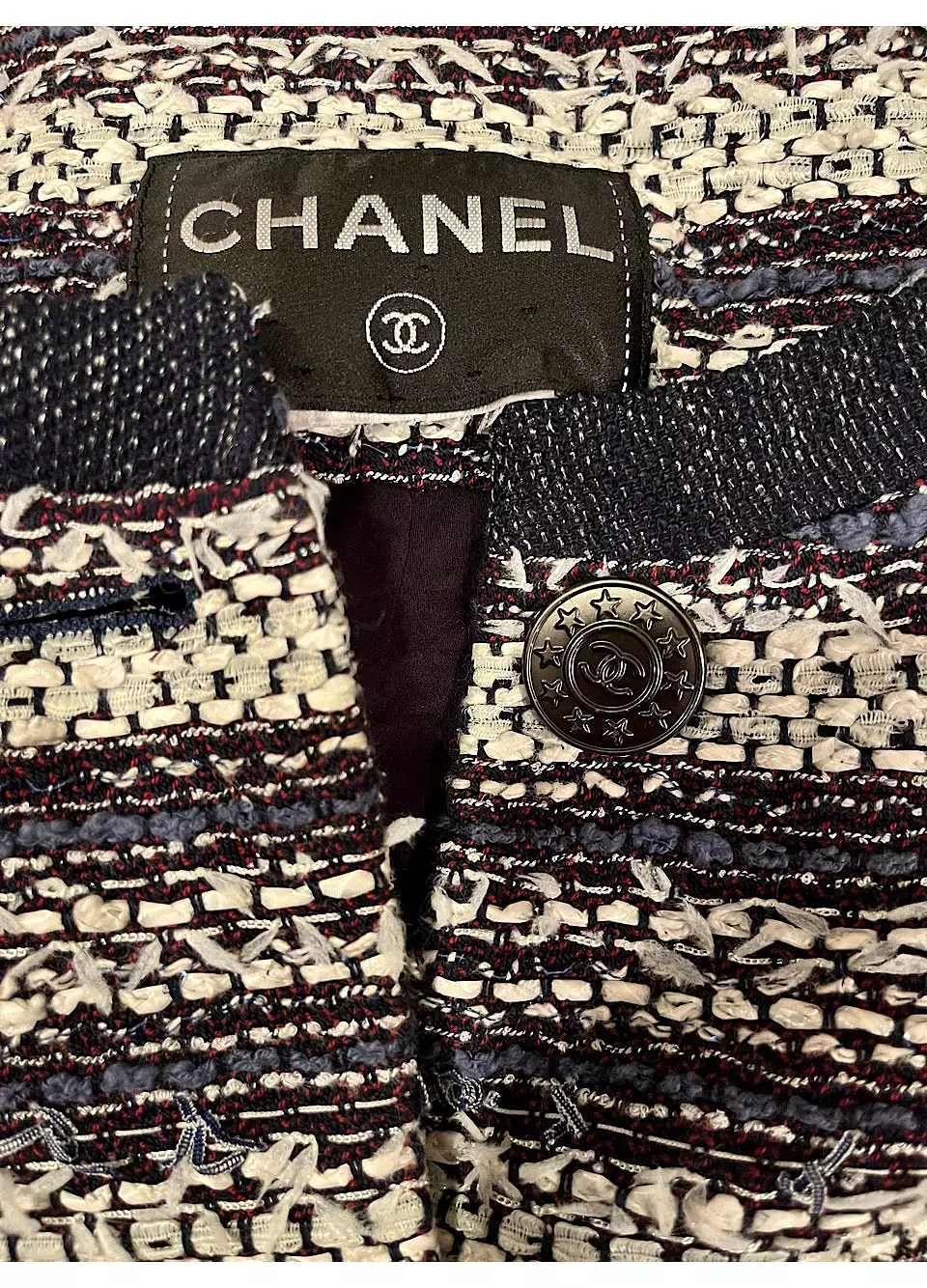 Chanel 2013 Blue White Striped Tweed Jacket US 10/12