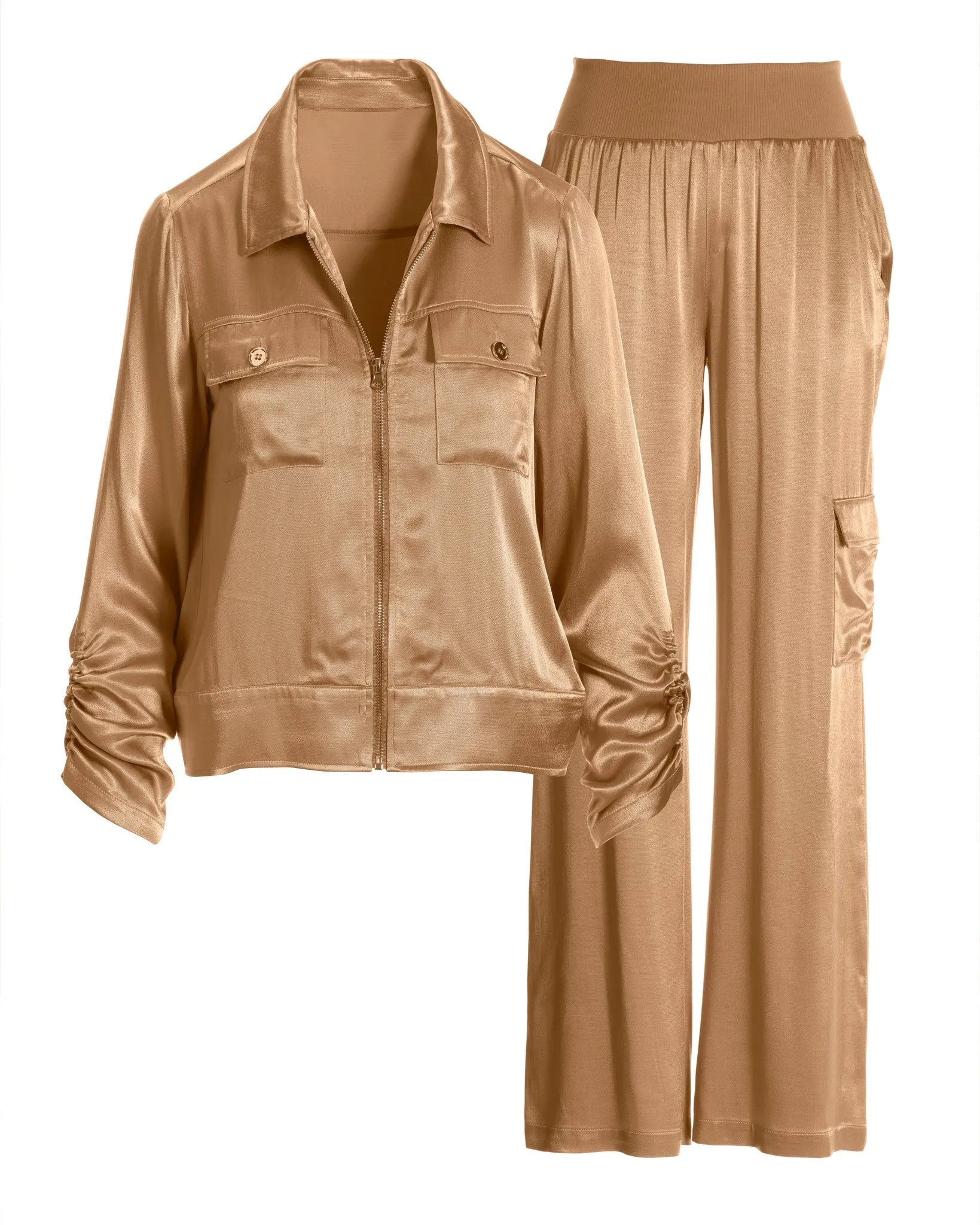 Charmeuse Utility Zip Wide Leg Cargo Set Champagne