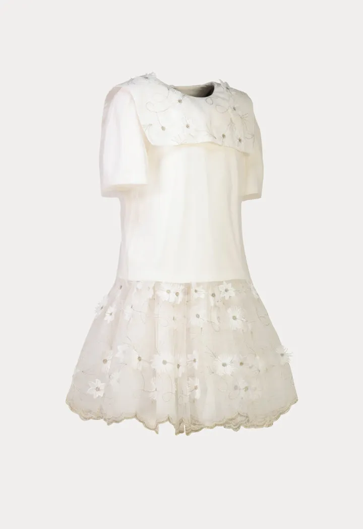 Embroidered Square Collar Sheer Blouse And Skirts Set