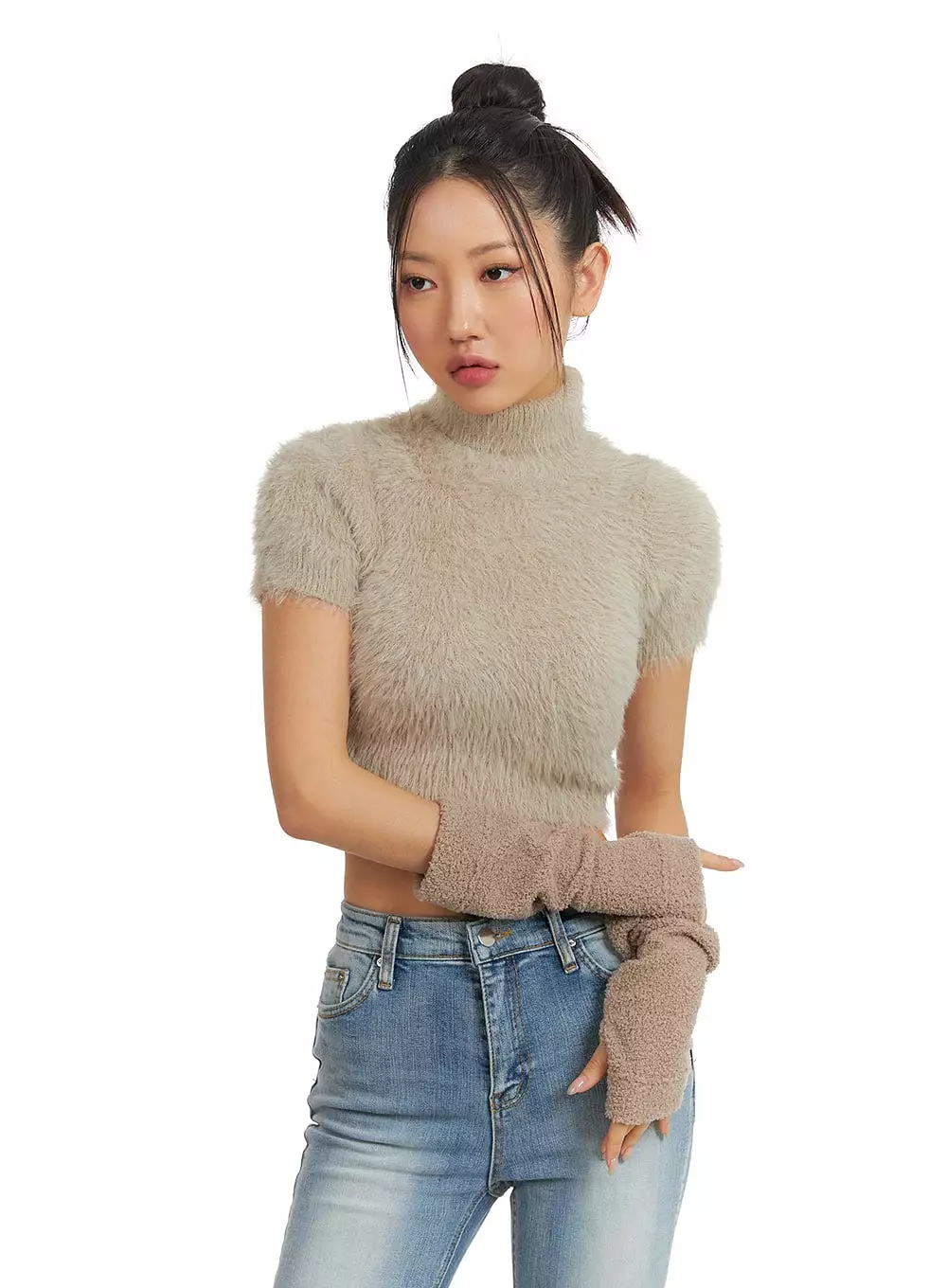 Fuzzy Turtleneck Short Sleeve Sweater CJ429