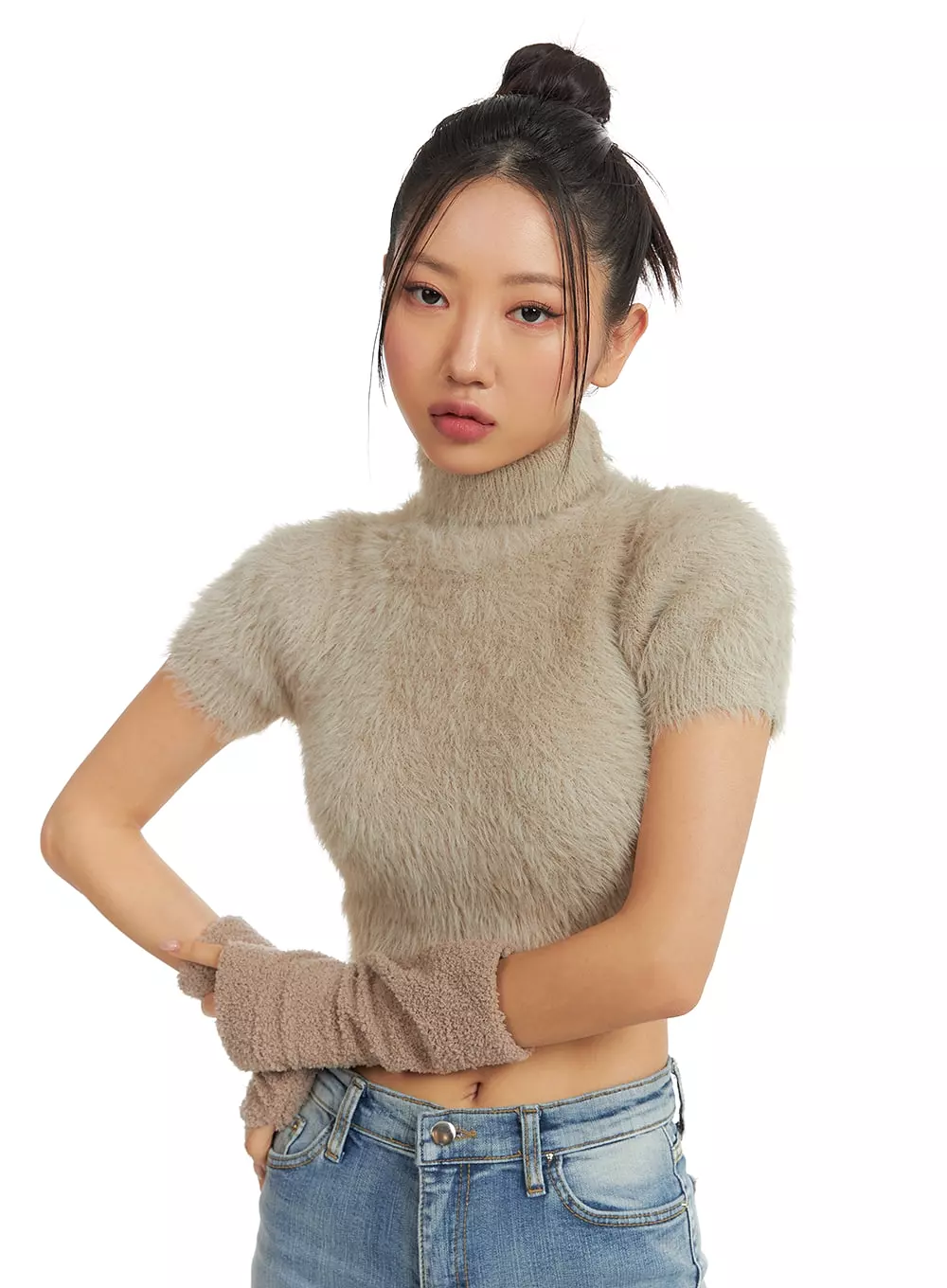 Fuzzy Turtleneck Short Sleeve Sweater CJ429