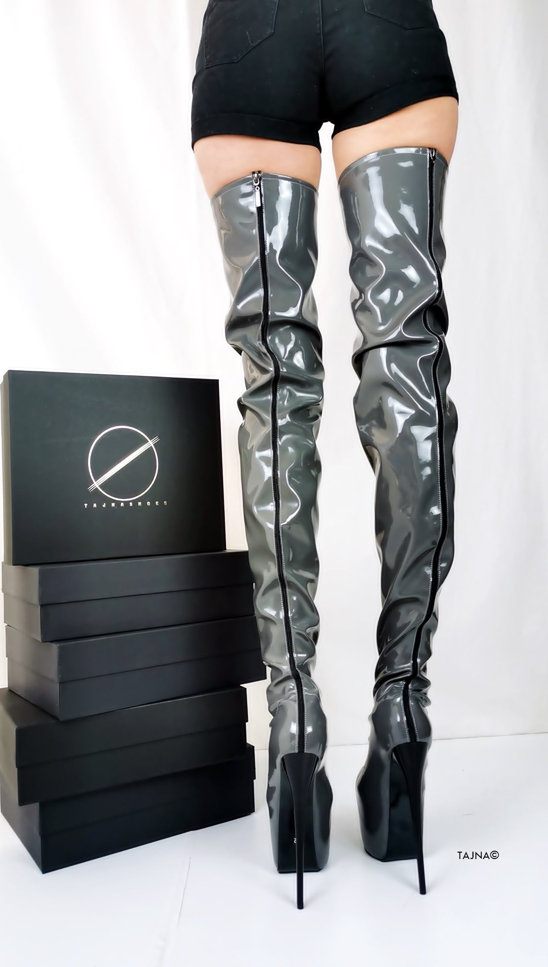 Gray Gloss Back Zipper Thigh High Boots