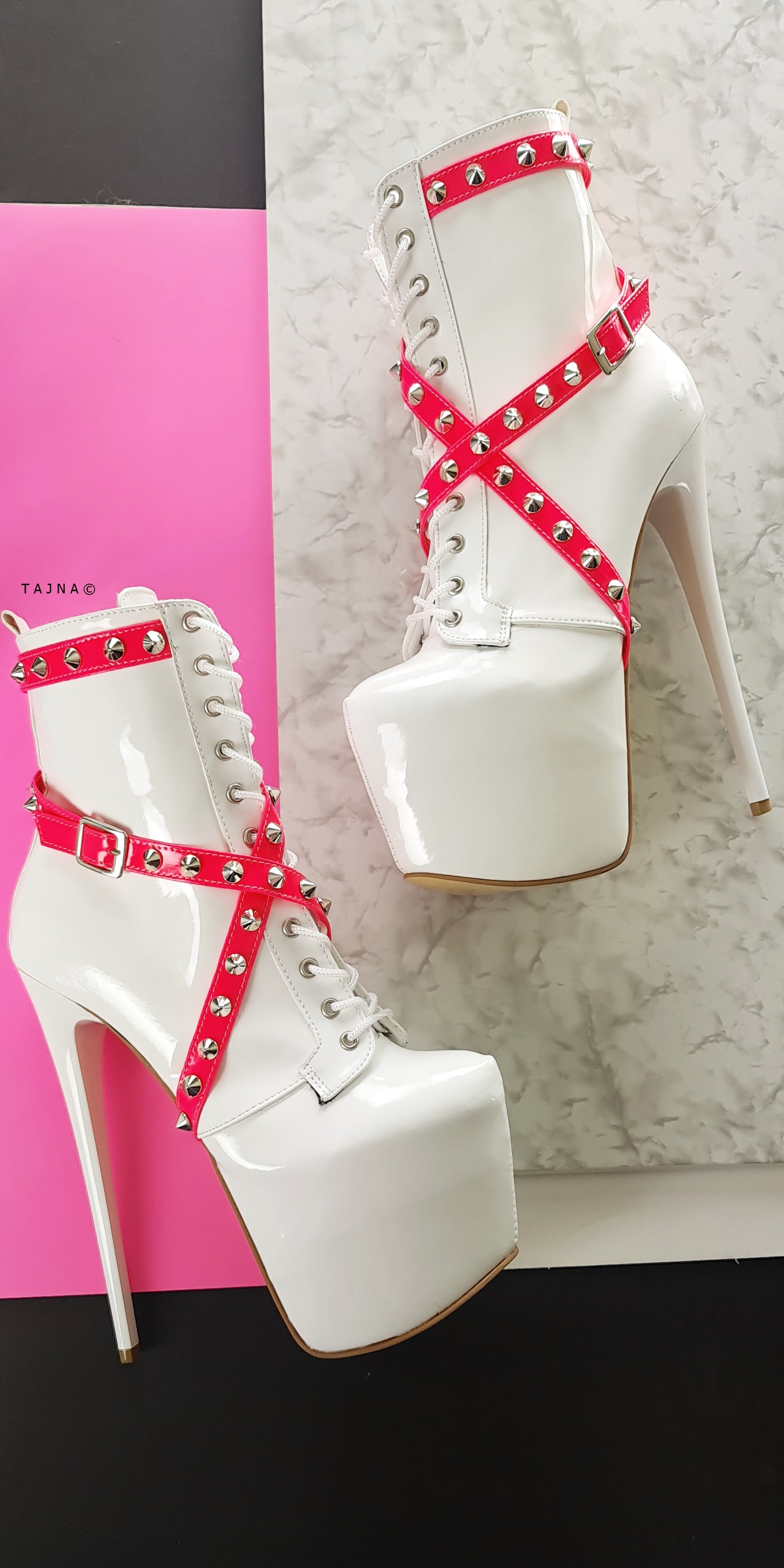 Hot Pink White Gloss Spike Studs High Heel Rocker Boots