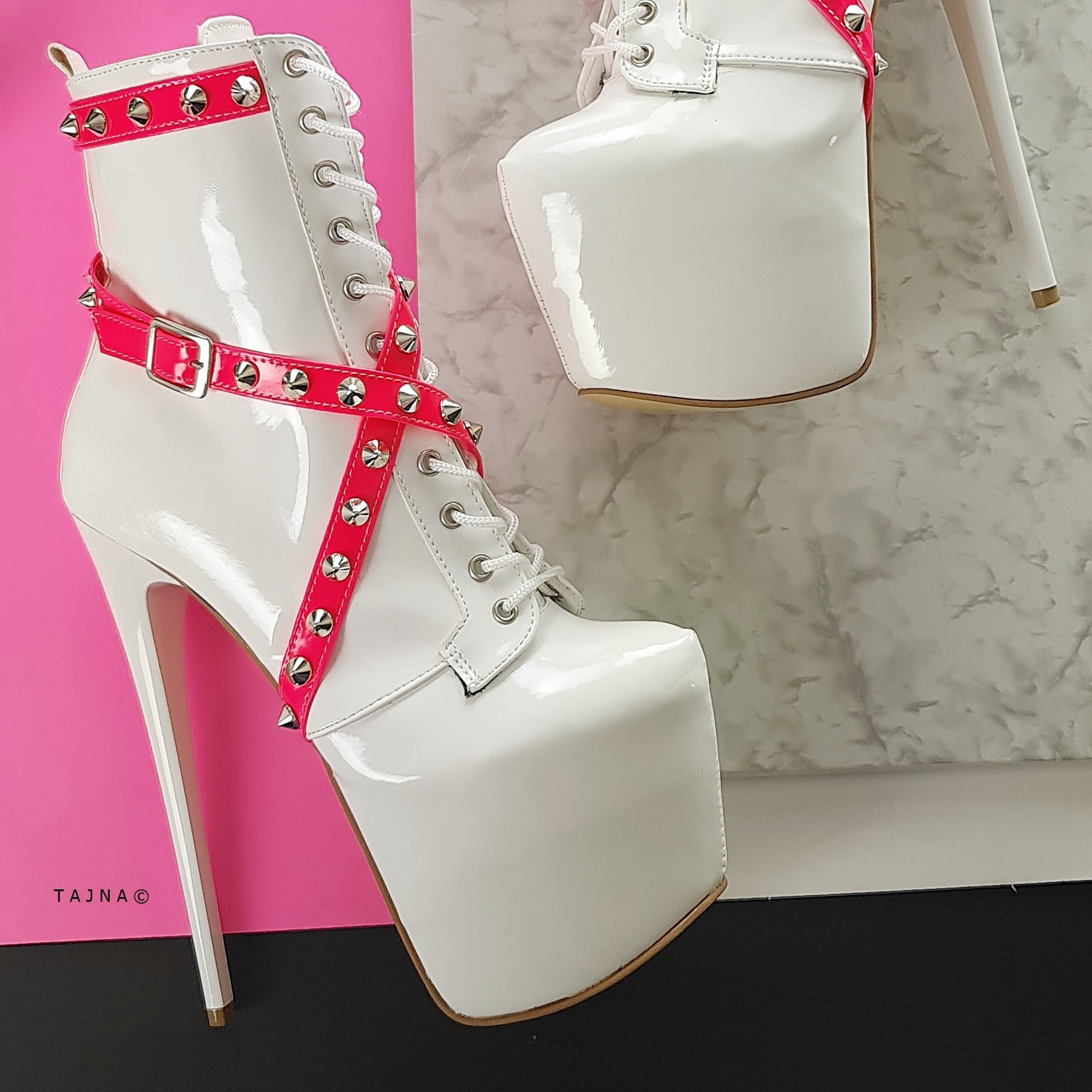 Hot Pink White Gloss Spike Studs High Heel Rocker Boots