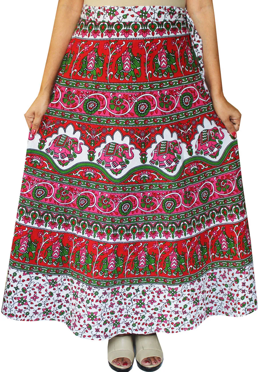 Indian Skirt Women's Cotton Printed Long Wrap Around Skirt (Red, One Size)