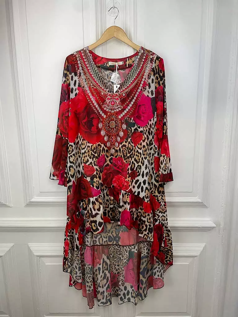 Malissa J Dip Back Embellished Kaftan Tunic - Rose & Leopard