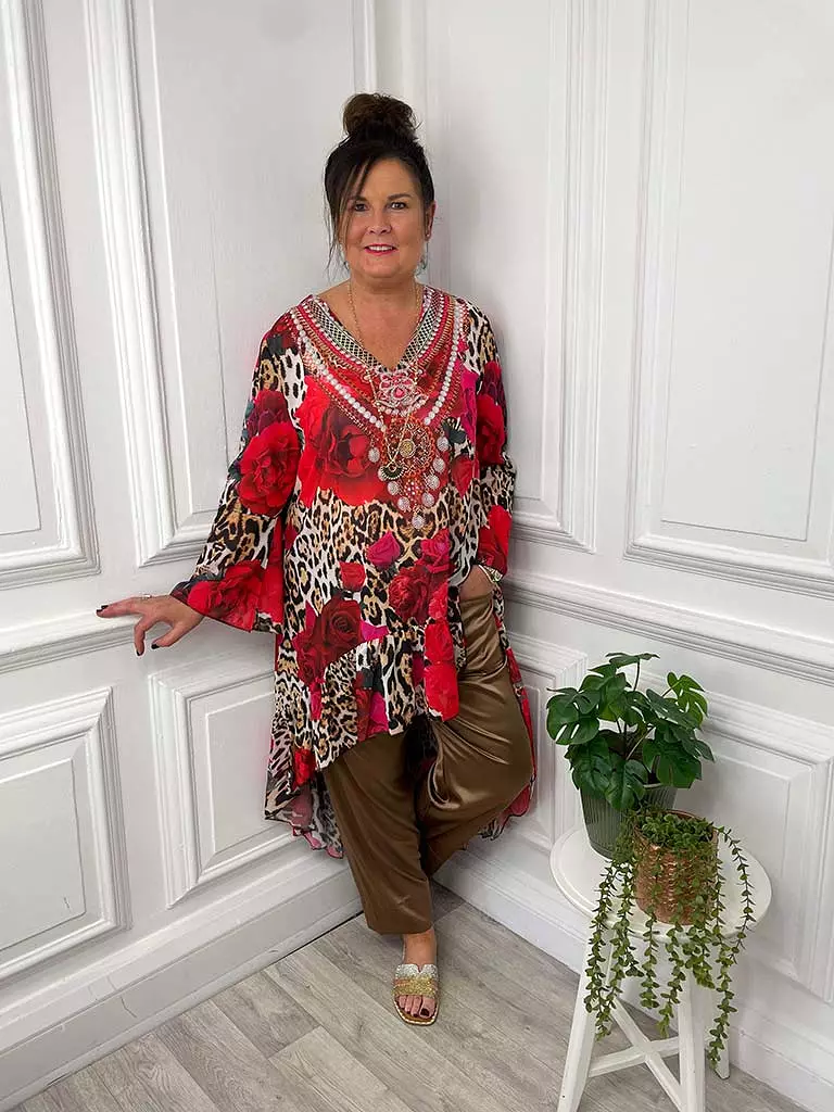 Malissa J Dip Back Embellished Kaftan Tunic - Rose & Leopard