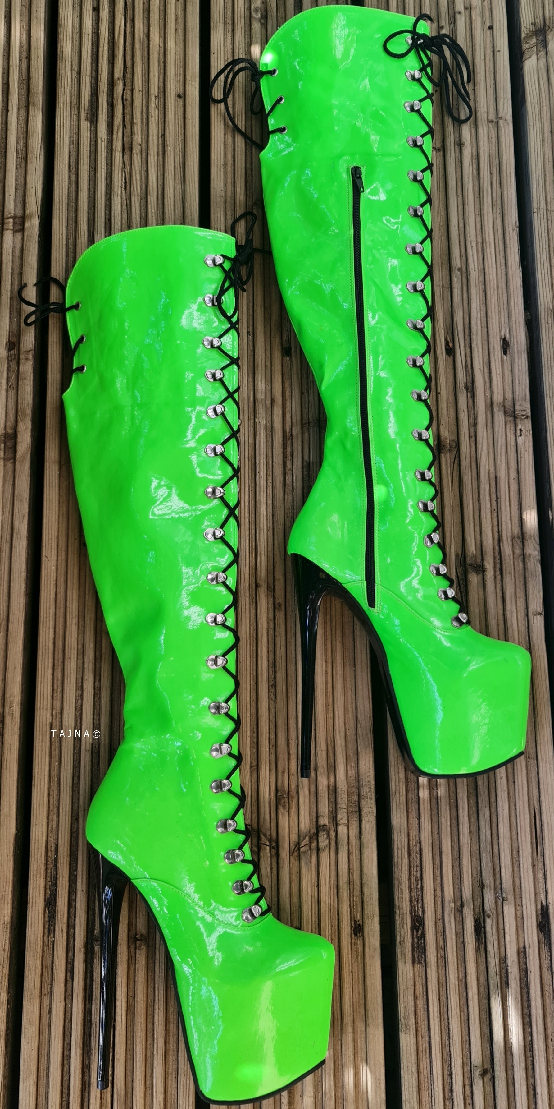 Neon Green Military Style Lace Up Heel Boots