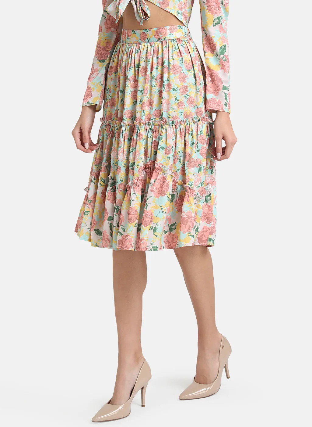 Printed Tiered Skirt With Slit