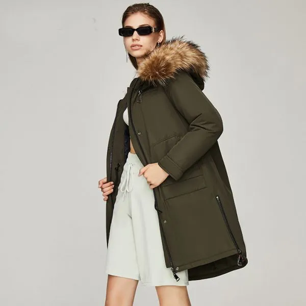 Puffer jacket coat with fur lined hood for women