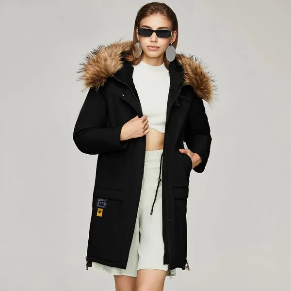 Puffer jacket coat with fur lined hood for women