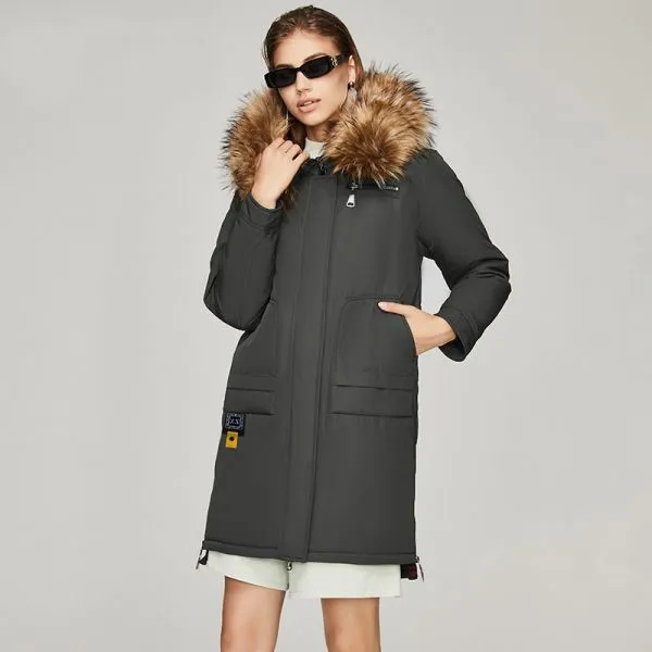 Puffer jacket coat with fur lined hood for women