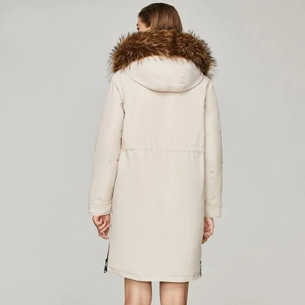 Puffer jacket coat with fur lined hood for women