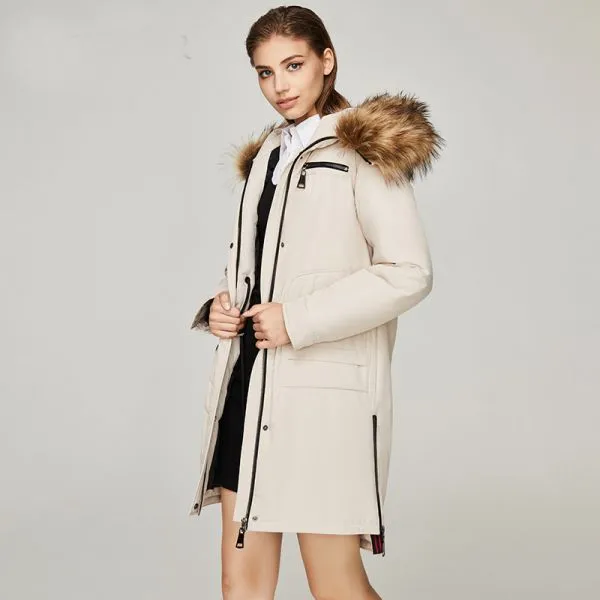 Puffer jacket coat with fur lined hood for women