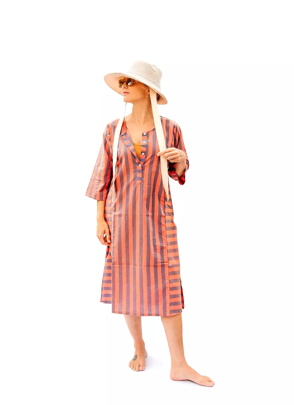 Punkwasp Beach Tunic Dress - Coral & Grey Stripe