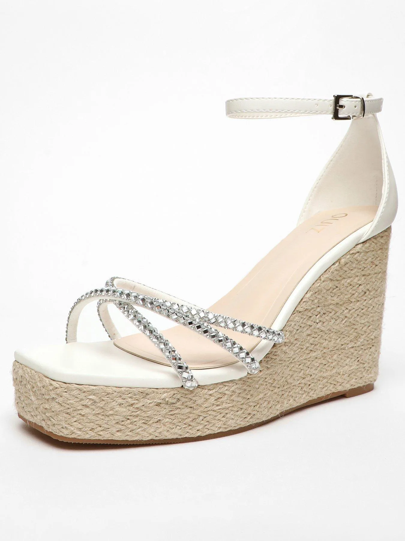 Quiz White Diamante Cross Strap Woven Wedges