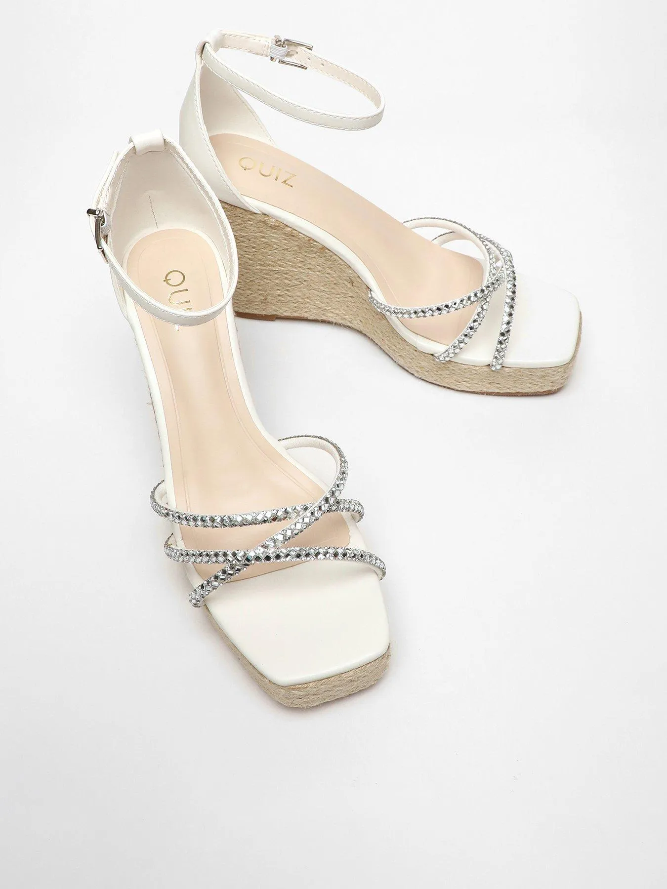 Quiz White Diamante Cross Strap Woven Wedges