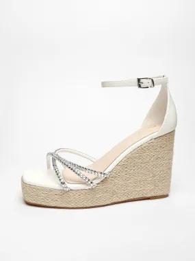 Quiz White Diamante Cross Strap Woven Wedges