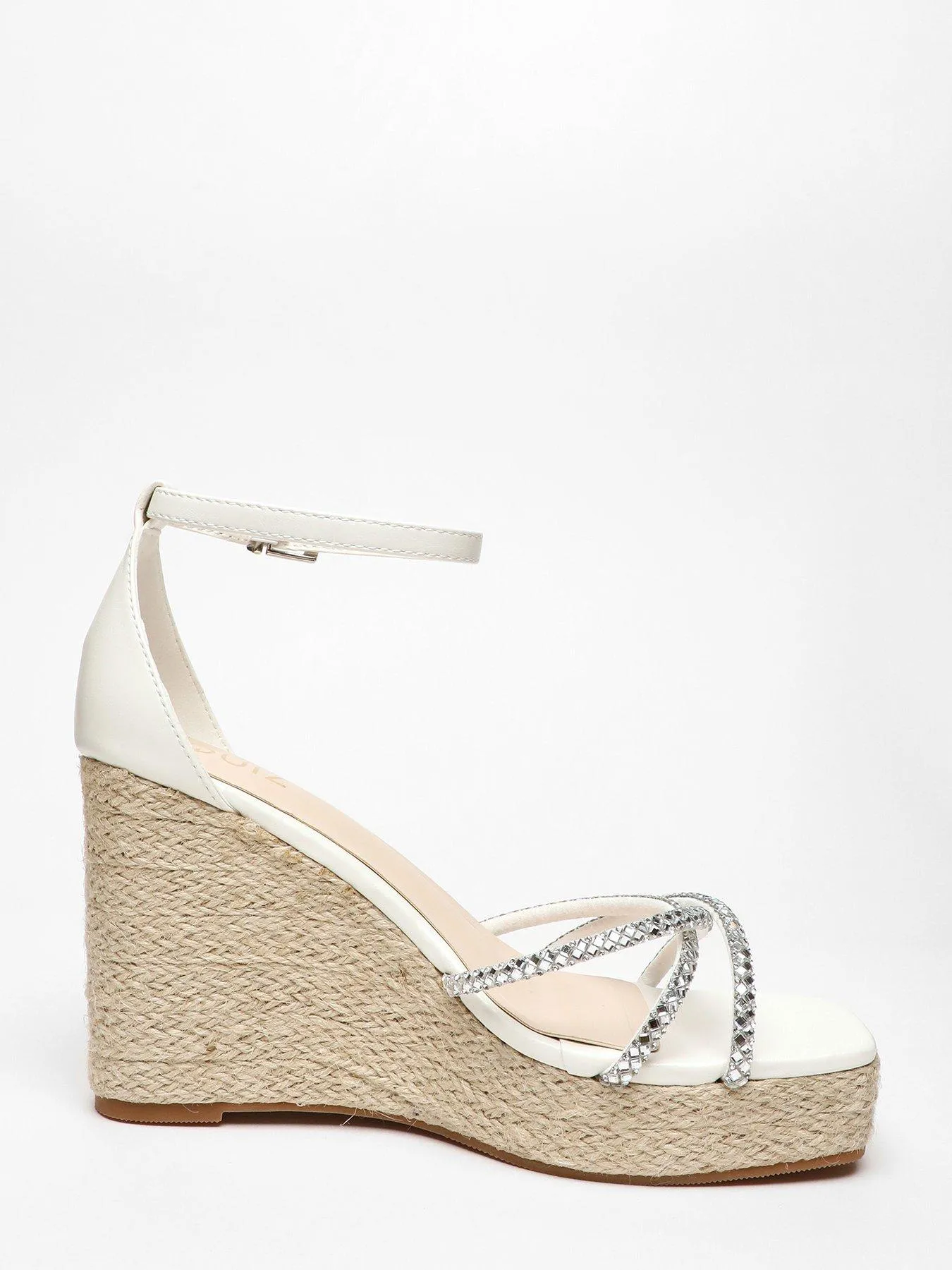 Quiz White Diamante Cross Strap Woven Wedges