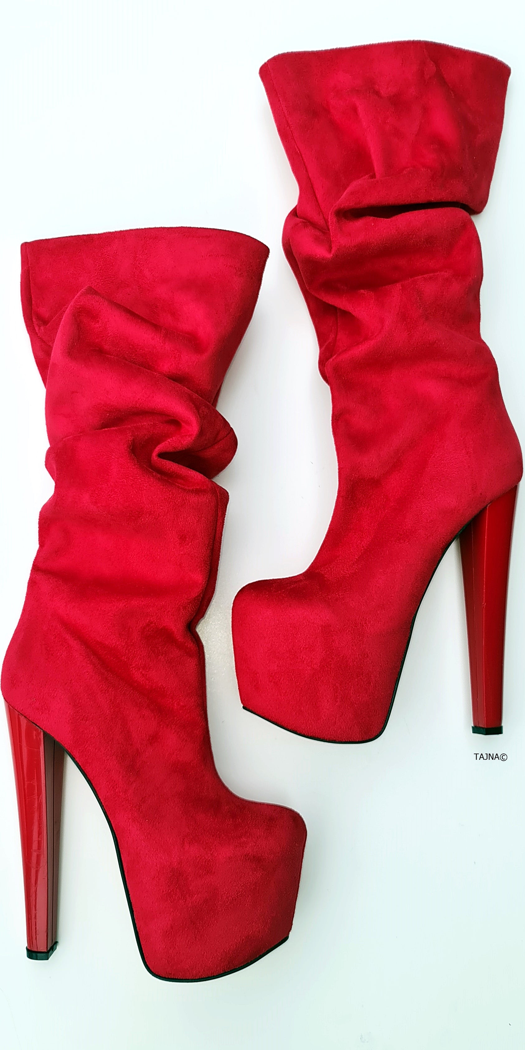 Red Suede Mid-Calf Chunky Heel Boots