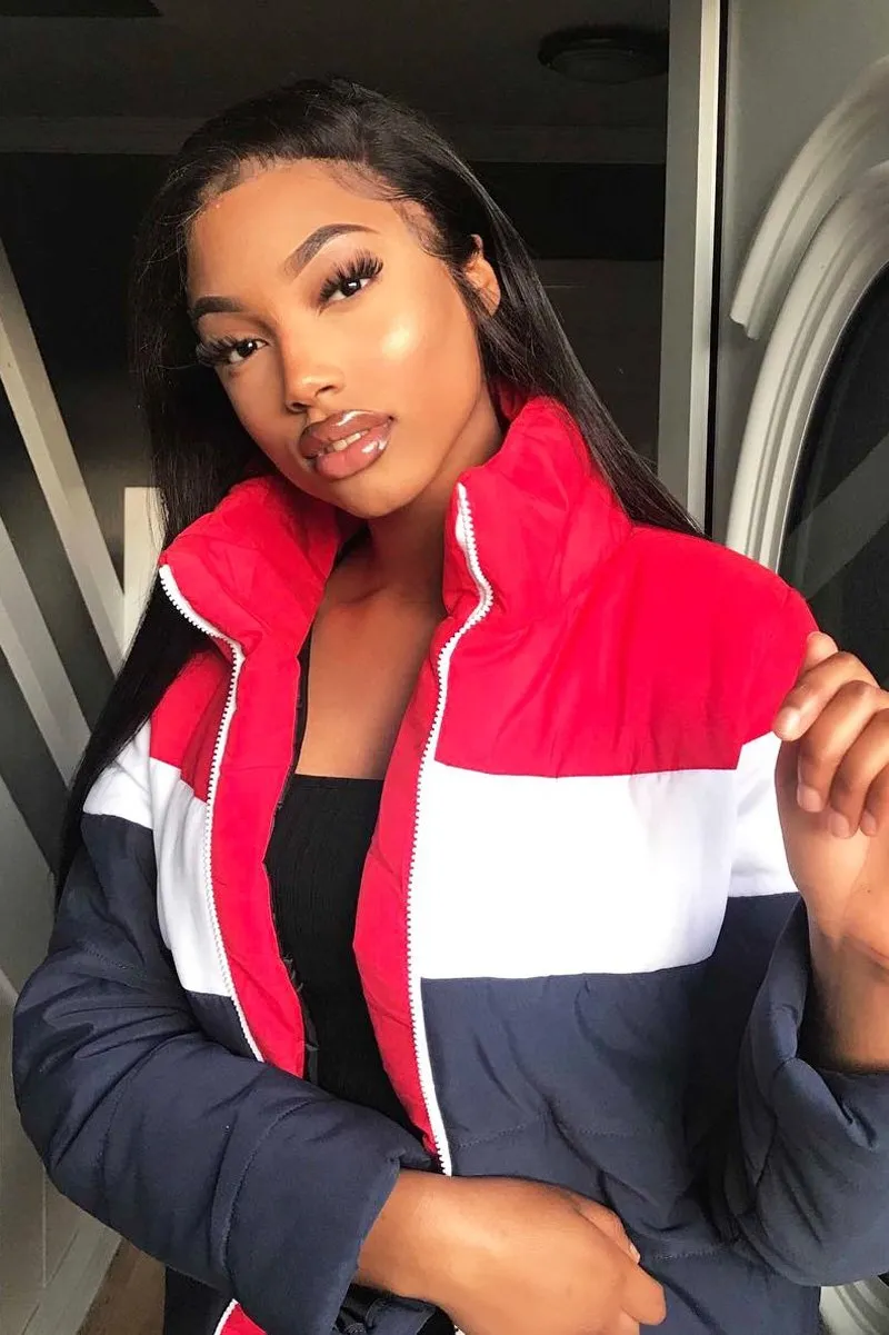 Red White Navy Colour Block Puffer Jacket - Kenzlee