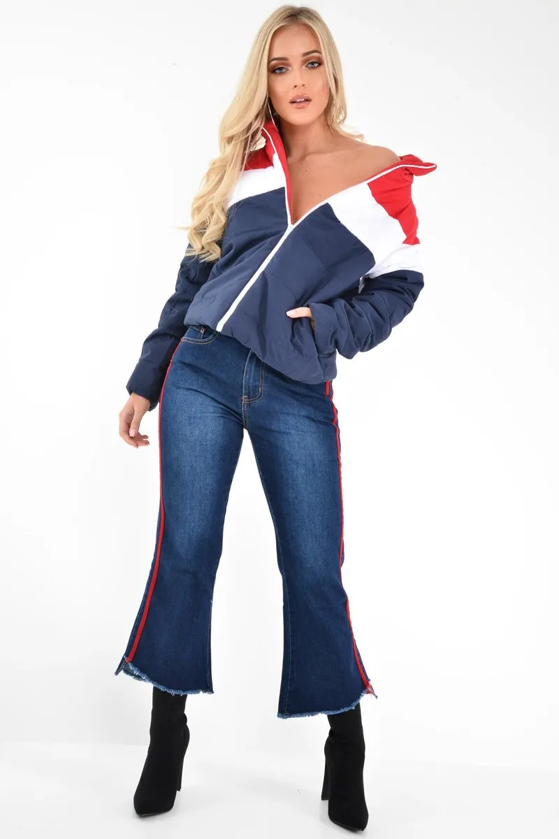 Red White Navy Colour Block Puffer Jacket - Kenzlee