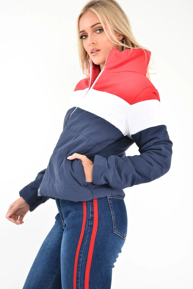 Red White Navy Colour Block Puffer Jacket - Kenzlee