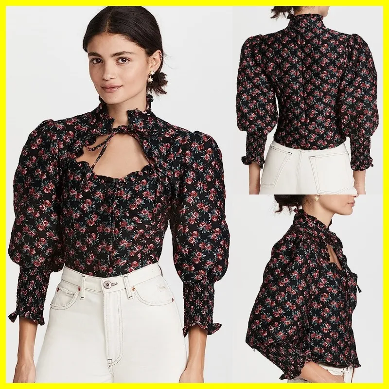 Sister Jane  |Flower Patterns Cropped Elegant Style Puff Sleeves