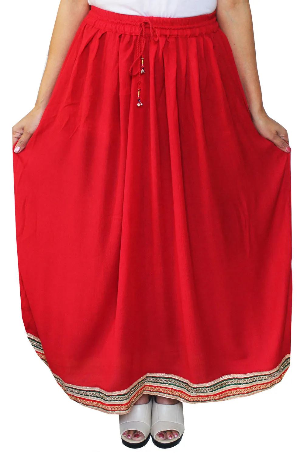 Solid Color Rayon Womens Long Skirt Indian Clothing (Red)