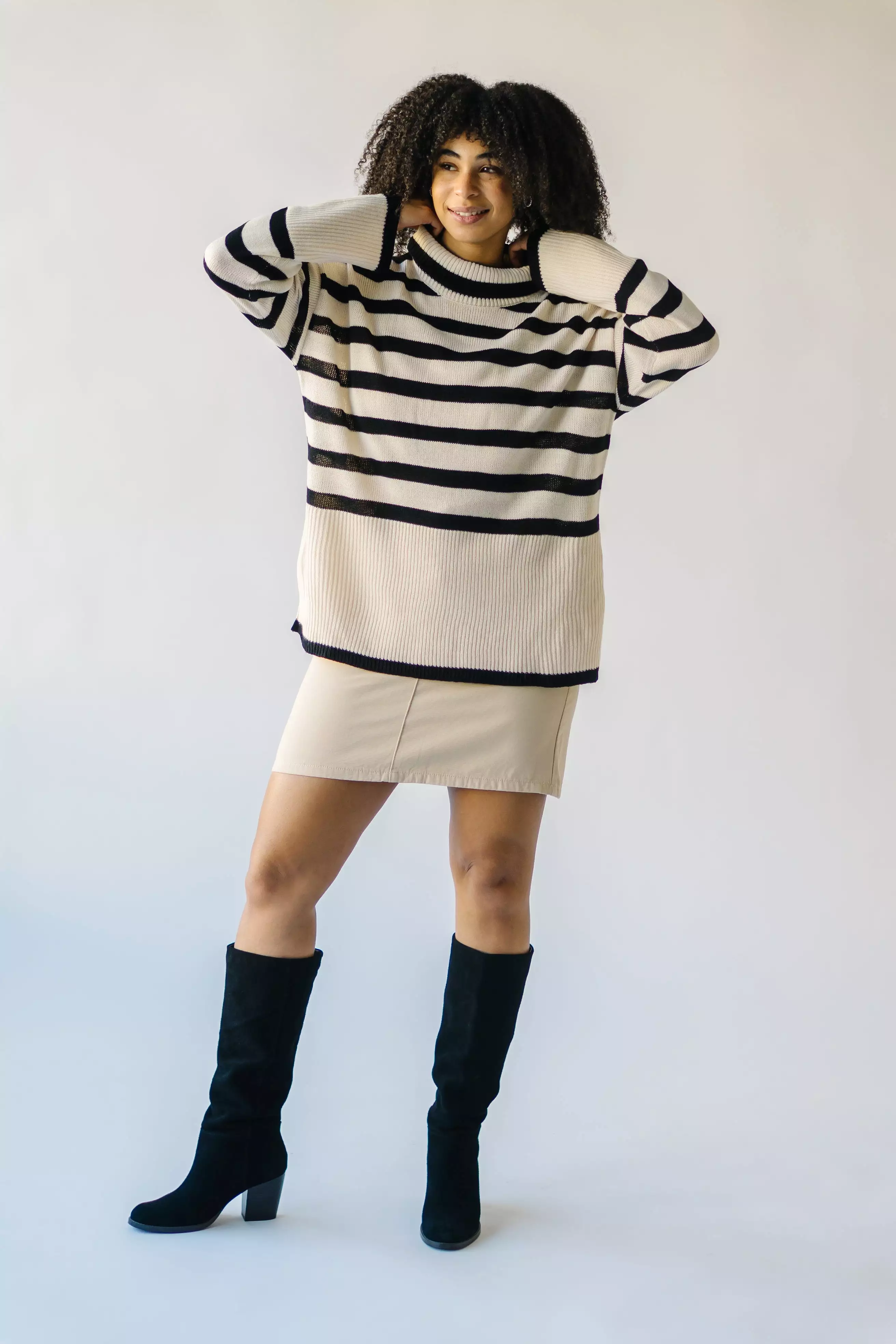 The Bryson Striped Turtleneck Sweater in Cream + Black