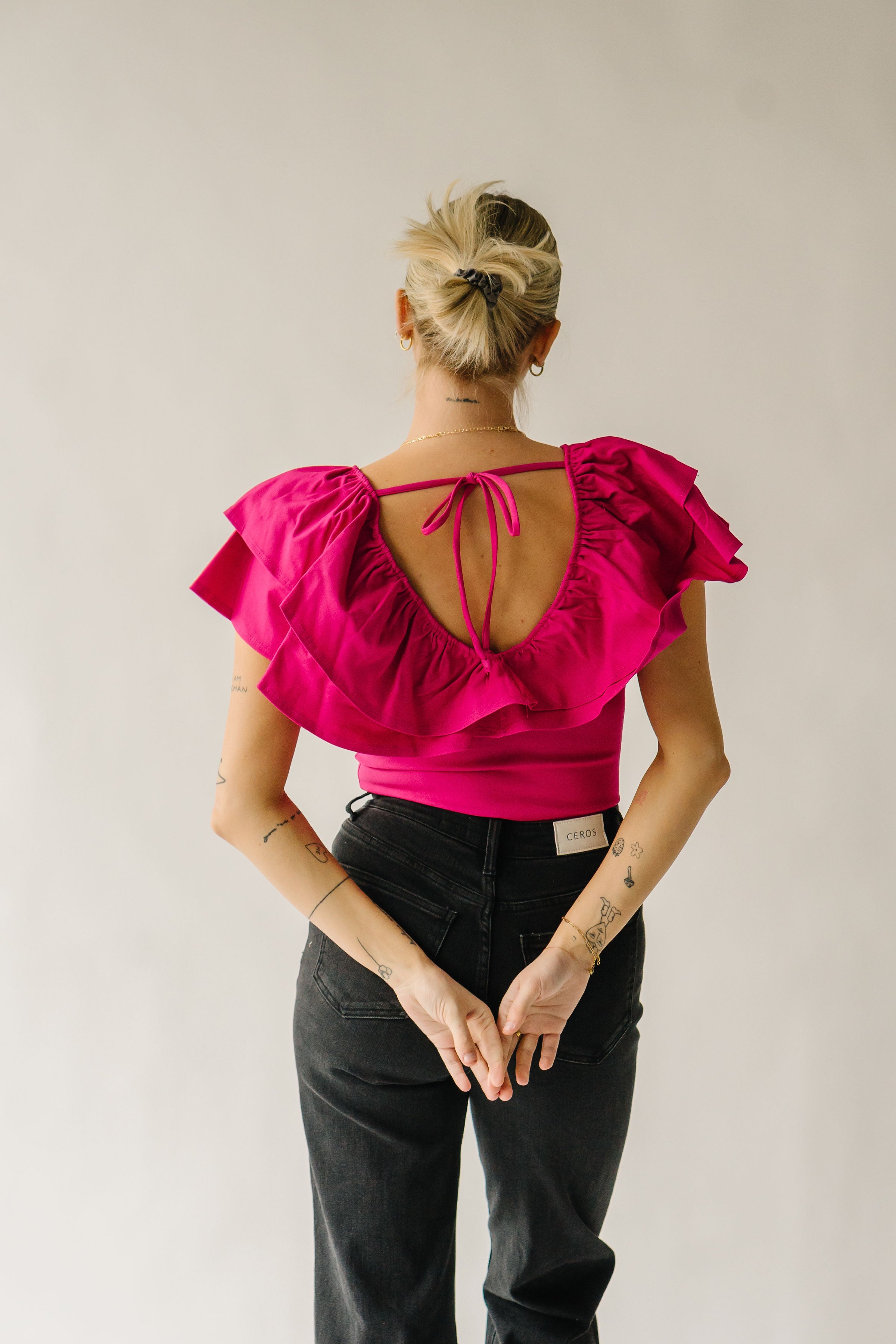 The Pedersen Ruffle Bodysuit in Magenta