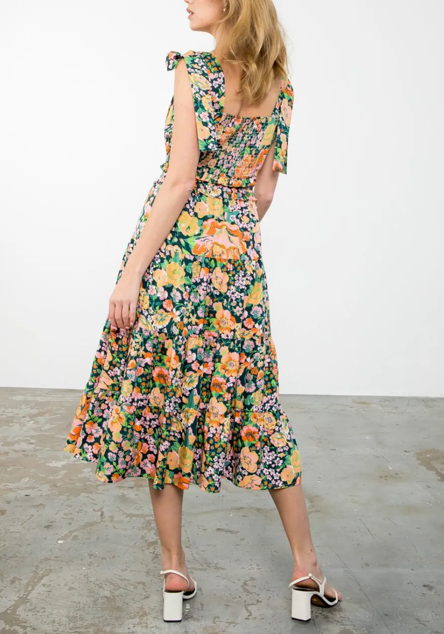 THML FLORAL TIE STRAP MIDI DRESS