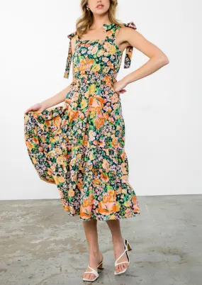 THML FLORAL TIE STRAP MIDI DRESS