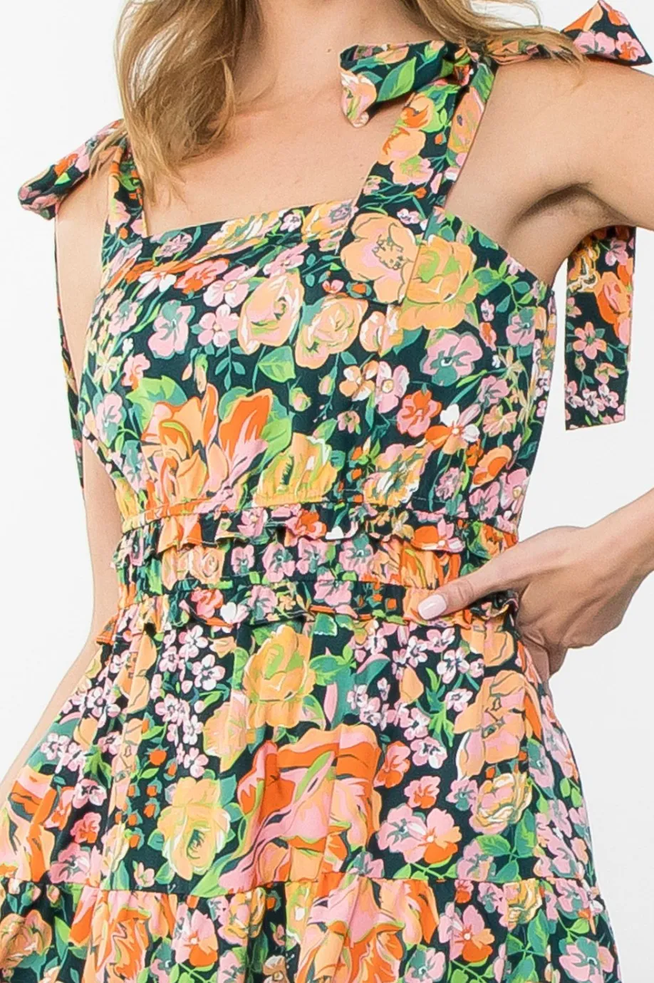 THML FLORAL TIE STRAP MIDI DRESS